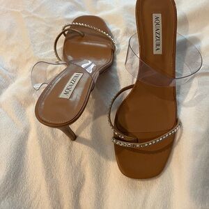 Aquazzura Tan and Clear Embellished Heels